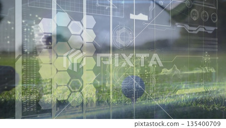 Positioning foot behind golf ball on green tee, golfer in white sneaker with digital AR overlays Positioning foot behind golf ball on green tee, golfer in white sneaker with digital AR overlays 135400709