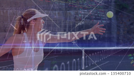 Reaching tennis player wearing visor hitting tennis ball over net on court, with financial overlay Reaching tennis player wearing visor hitting tennis ball over net on court, with financial overlay 135400710