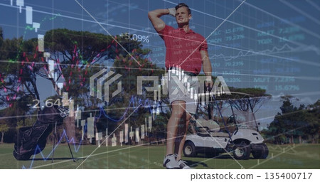 Shielding eyes golfer in red polo shirt gazing down fairway, with club and financial charts overlay Shielding eyes golfer in red polo shirt gazing down fairway, with club and financial charts overlay 135400717