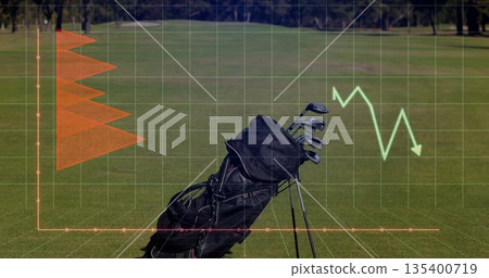Black golf bag standing on tripod on fairway, with clubs and colorful graphic overlays, copy space 135400719