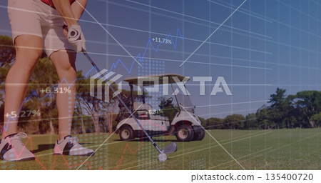 Gripping putter, amateur golfer aligning shot on fairway with digital chart overlay, copy space 135400720