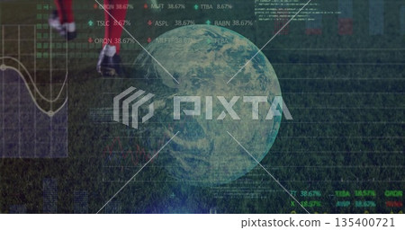 Digital Earth globe and data overlays hovering over soccer field, with player wearing red uniform 135400721