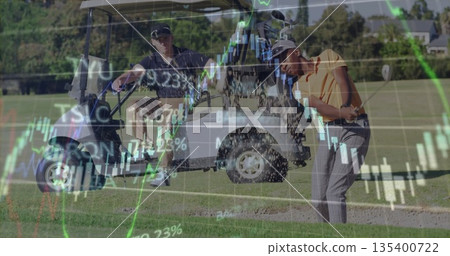 Swinging golfer in orange polo hitting shot on fairway, with cart, stock charts overlay, copy space Swinging golfer in orange polo hitting shot on fairway, with cart, stock charts overlay, copy space 135400722