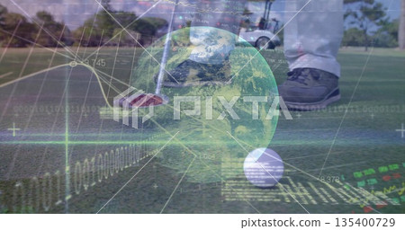Showing golfer legs standing on putting green, with golf ball, putter head and digital overlays 135400729