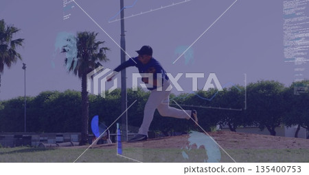 Pitching adult male extending arm, lifting leg on mound at baseball field, with glove, cap, palms Pitching adult male extending arm, lifting leg on mound at baseball field, with glove, cap, palms 135400753