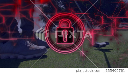 Neon padlock icon glowing on putting green, with putter head, red digital network lines Neon padlock icon glowing on putting green, with putter head, red digital network lines 135400761