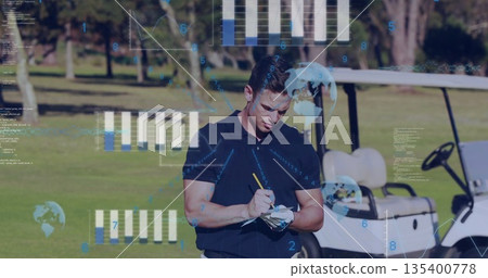 Golfer wearing glove writing on pad in manicured fairway, with electric cart and digital overlays Golfer wearing glove writing on pad in manicured fairway, with electric cart and digital overlays 135400778