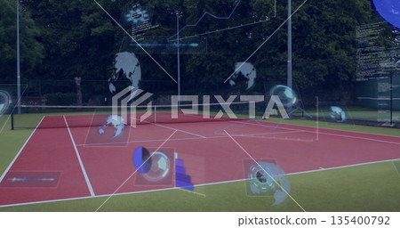 Showing empty tennis court with net at outdoor sports facility displaying holographic data displays Showing empty tennis court with net at outdoor sports facility displaying holographic data displays 135400792