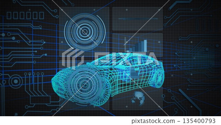 Displaying neon blue wireframe car model on grid with circuit lines, radar, bar chart, globe icon Displaying neon blue wireframe car model on grid with circuit lines, radar, bar chart, globe icon 135400793
