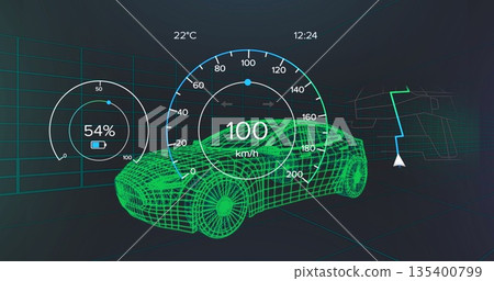 Displaying green wireframe car moving in virtual lab with speedometer and navigation map displays Displaying green wireframe car moving in virtual lab with speedometer and navigation map displays 135400799
