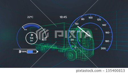 Displaying 3D wireframe truck cruising through grid tunnel, with Eco-to-Power gauge and speedometer Displaying 3D wireframe truck cruising through grid tunnel, with Eco-to-Power gauge and speedometer 135400813