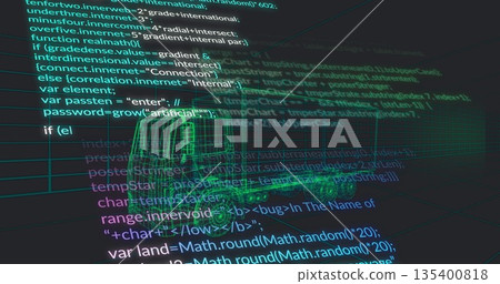 Displaying 3D wireframe truck model glowing in code editor workspace with code text and grid plane 135400818