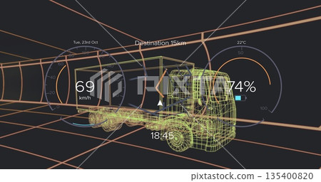 Displaying wireframe semi truck and trailer moving inside grid tunnel, with HUD gauges and arrow Displaying wireframe semi truck and trailer moving inside grid tunnel, with HUD gauges and arrow 135400820