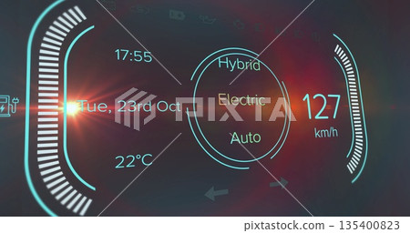 Projecting hybrid HUD onto windshield with 127km or h clock or date or 22°C, mode gauge bars, lens f Projecting hybrid HUD onto windshield with 127km or h clock or date or 22°C, mode gauge bars, lens f 135400823