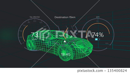 Displaying wireframe sedan cruising on virtual grid with gauges, navigation indicators and clock Displaying wireframe sedan cruising on virtual grid with gauges, navigation indicators and clock 135400824