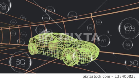 Driving neon green wireframe car through orange grid tunnel, with floating 6G spheres Driving neon green wireframe car through orange grid tunnel, with floating 6G spheres 135400825