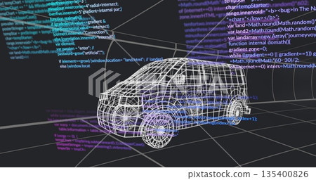 Rendering wireframe van model floating over dark grid floor in 3D workspace, with code lines Rendering wireframe van model floating over dark grid floor in 3D workspace, with code lines 135400826