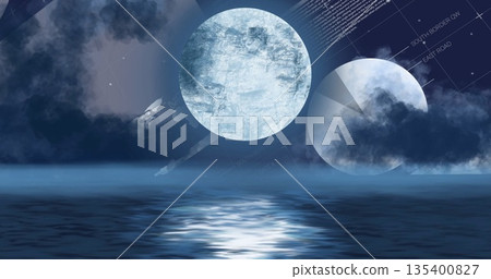 Shining large textured luminous moon hovering over calm ocean horizon at night, with grid labels 135400827