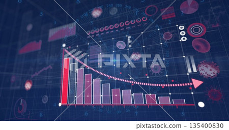 Showing red bar chart falling on blue grid dashboard, featuring dotted trend arrow and virus icons Showing red bar chart falling on blue grid dashboard, featuring dotted trend arrow and virus icons 135400830