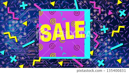Displaying purple panel featuring bold yellow SALE text in digital graphic layout, with neon shapes Displaying purple panel featuring bold yellow SALE text in digital graphic layout, with neon shapes 135400831