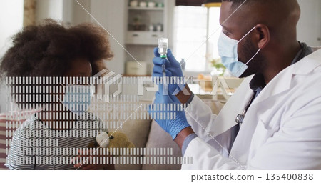 Preparing male doctor drawing vial into syringe in home living room, with teddy bear, copy space Preparing male doctor drawing vial into syringe in home living room, with teddy bear, copy space 135400838