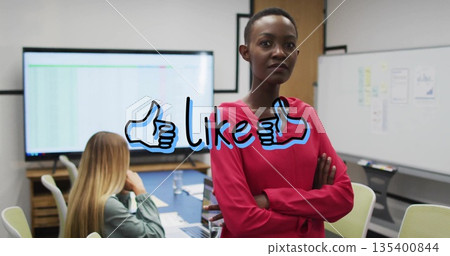Standing woman in red blouse crossing arms, monitoring spreadsheet on screen in office, copy space Standing woman in red blouse crossing arms, monitoring spreadsheet on screen in office, copy space 135400844