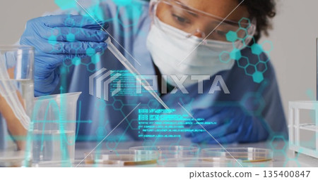 Woman scientist in PPE transferring sample using pipette over petri dish in lab with holograms Woman scientist in PPE transferring sample using pipette over petri dish in lab with holograms 135400847