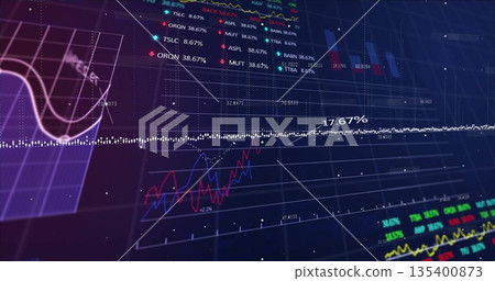 White dotted trend line rising in trading dashboard on screen, with colored charts, ticker symbols White dotted trend line rising in trading dashboard on screen, with colored charts, ticker symbols 135400873
