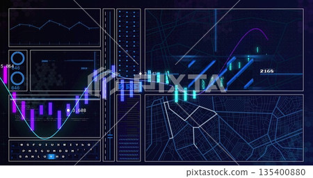 Showing neon-blue data dashboard running on computer display, with circular gauges and line charts 135400880