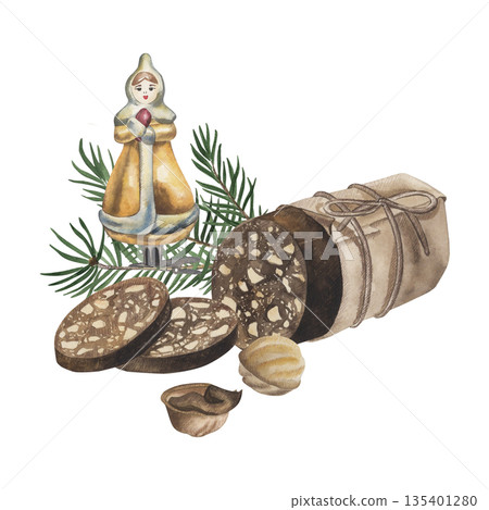 Watercolor Christmas still life with a chocolate nut dessert, sliced sweet sausage, walnuts, pine branches, a vintage glass toy. Winter holiday illustration, hand-drawn, isolated on a white background 135401280