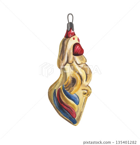 Watercolor illustration of a vintage glass Christmas ornament shaped like a golden rooster. Hand-drawn festive tree decoration with bright details, retro holiday bird, isolated on a white background 135401282