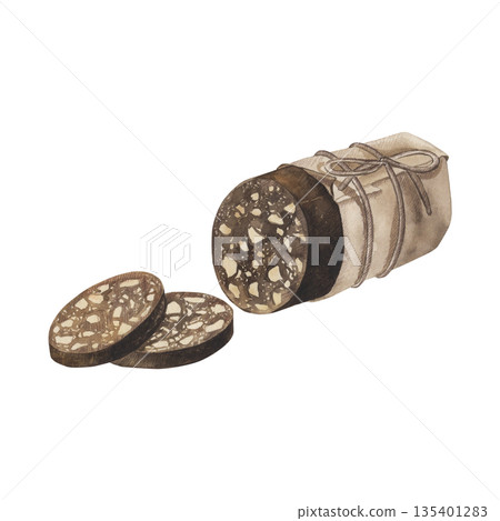 A festive treat, a sweet sausage with chocolate and nuts. This Christmas dessert, cut into pieces, is hand-drawn in watercolor. This food illustration is suitable for packaging, holiday designs, cards A festive treat, a sweet sausage with chocolate and nuts. This Christmas dessert, cut into pieces, is hand-drawn in watercolor. This food illustration is suitable for packaging, holiday designs, cards 135401283