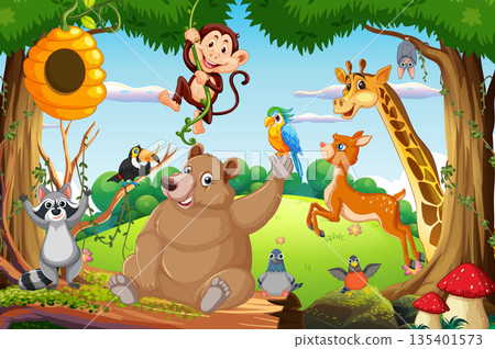 Cartoon Forest Animals Gathering in Lush Woodland Scene Cartoon Forest Animals Gathering in Lush Woodland Scene 135401573