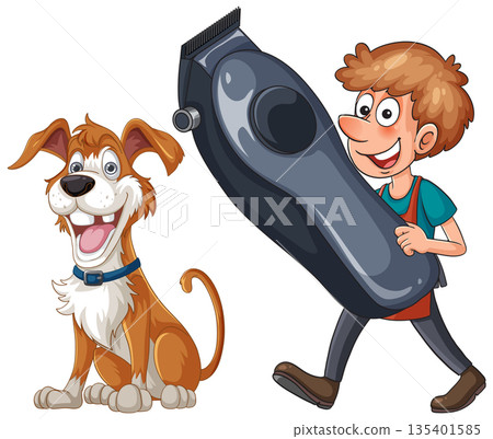 Cartoon Dog Groomer Carrying Large Electric Clipper 135401585