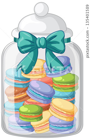 Colorful French Macarons in a Glass Jar with Teal Ribbon 135401589