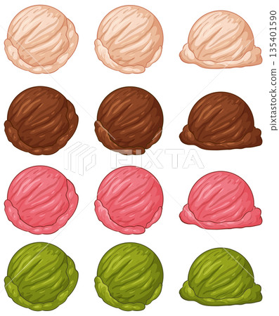 Assorted Ice Cream Scoop Flavors in Vector Illustration Style 135401590
