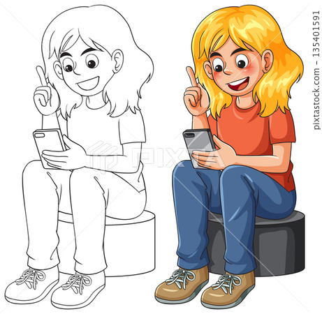 Happy Girl Sitting and Using Smartphone Illustration 135401591