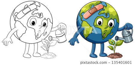 Injured Earth Character Watering Young Plant for Healing 135401601