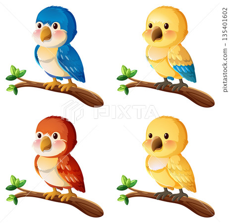 Colorful Cartoon Parrots Perched on Tree Branches 135401602