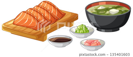 Fresh Salmon Sashimi with Miso Soup and Traditional Japanese Condiments Fresh Salmon Sashimi with Miso Soup and Traditional Japanese Condiments 135401603