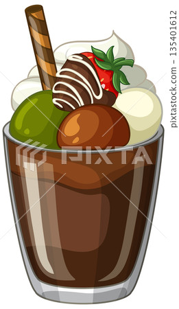 Chocolate Parfait Dessert with Matcha Ice Cream and Fresh Strawberry 135401612
