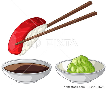 Tuna Nigiri Sushi with Chopsticks Soy Sauce and Wasabi Vector Illustration Tuna Nigiri Sushi with Chopsticks Soy Sauce and Wasabi Vector Illustration 135401628