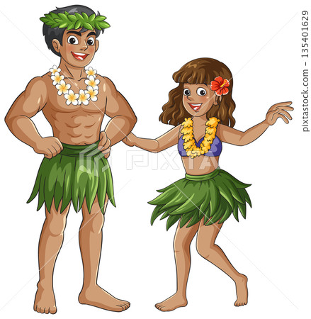 Hawaiian Couple Dancing in Traditional Grass Skirts and Leis Hawaiian Couple Dancing in Traditional Grass Skirts and Leis 135401629