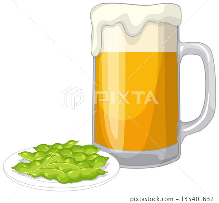 Glass Mug of Frothy Beer with a Side of Edamame Glass Mug of Frothy Beer with a Side of Edamame 135401632