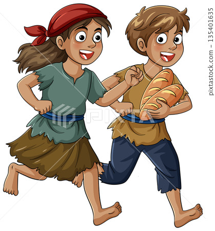 Two Street Children Running With Stolen Bread 135401635