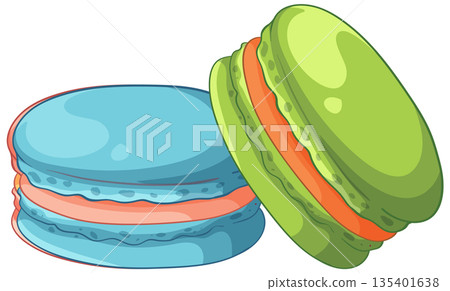 Two Colorful French Macarons Vector Illustration on White Background Two Colorful French Macarons Vector Illustration on White Background 135401638