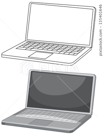 Open Laptop Vector Illustration in Line Art and Grayscale Styles Open Laptop Vector Illustration in Line Art and Grayscale Styles 135401646