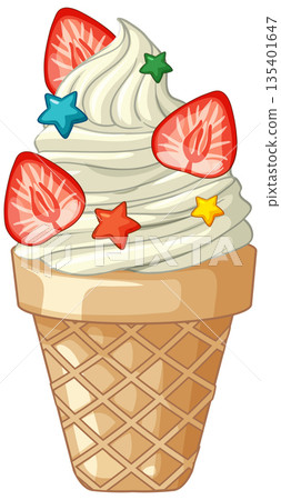 Soft Serve Vanilla Ice Cream Cone with Strawberry Slices and Stars Soft Serve Vanilla Ice Cream Cone with Strawberry Slices and Stars 135401647