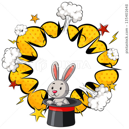 Cartoon Rabbit Emerging From Magician's Hat With Comic Burst 135401648