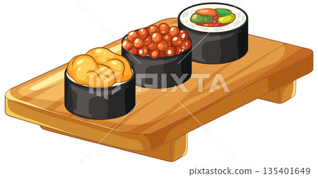 Assorted Sushi Rolls and Gunkan Maki on a Wooden Serving Board 135401649
